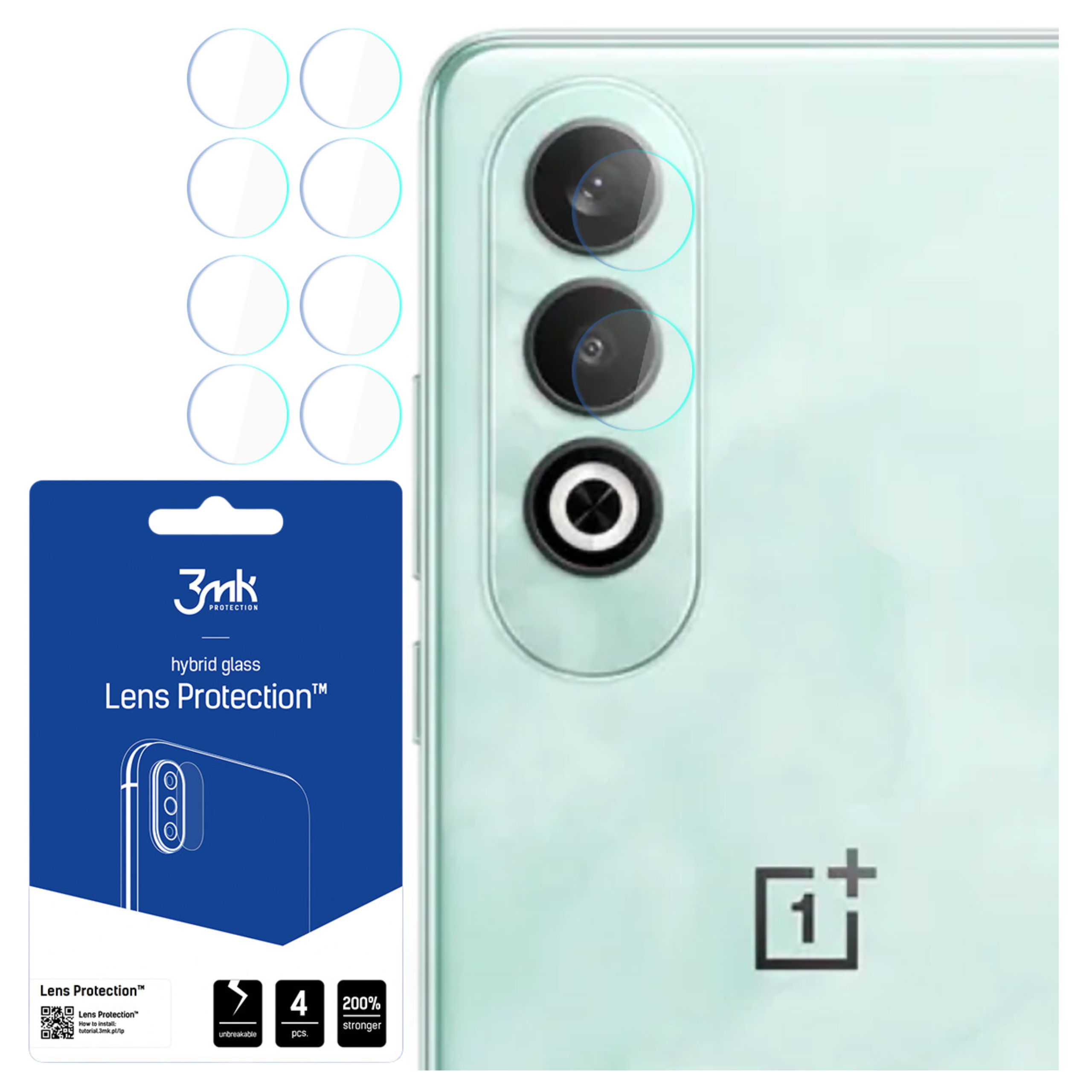 Un telefono con protezioni per lenti della fotocamera, una confezione di protezione per lenti e alcune protezioni extra.