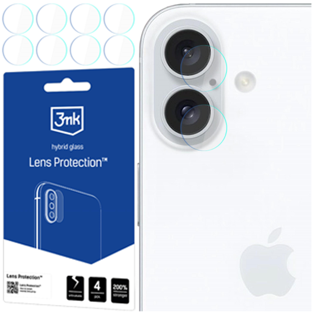 Un kit di protezione per lenti del telefono con un retro del telefono. Il kit ha protezioni per lenti e una confezione blu. Il retro del telefono è bianco con fotocamere.