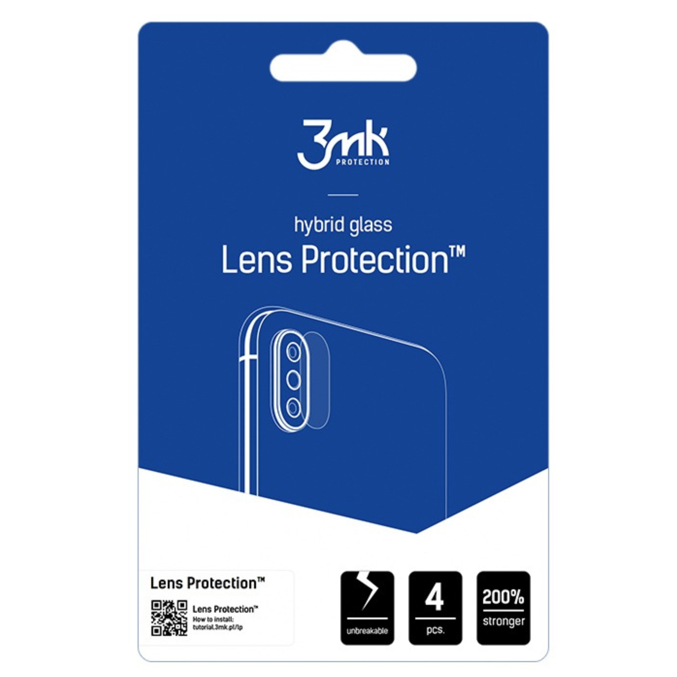 Una confezione blu mostra il prodotto 'Lens Protection'. Ha un'immagine di un telefono e icone di durata e quantità.
