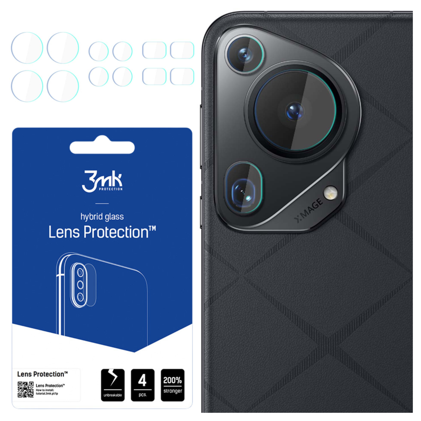 Zdjęcie przedstawia osłony obiektywów do telefonów, telefon z aparatem oraz opakowanie z nazwą i szczegółami produktu.