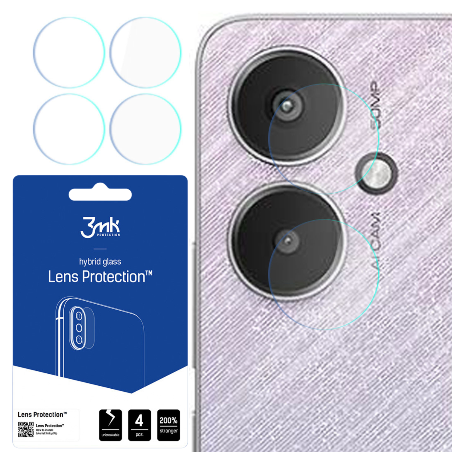 L'immagine mostra protezioni per lenti, un telefono e una fotocamera del telefono con due lenti. La confezione dice 'Lens Protection' e '3mk'.