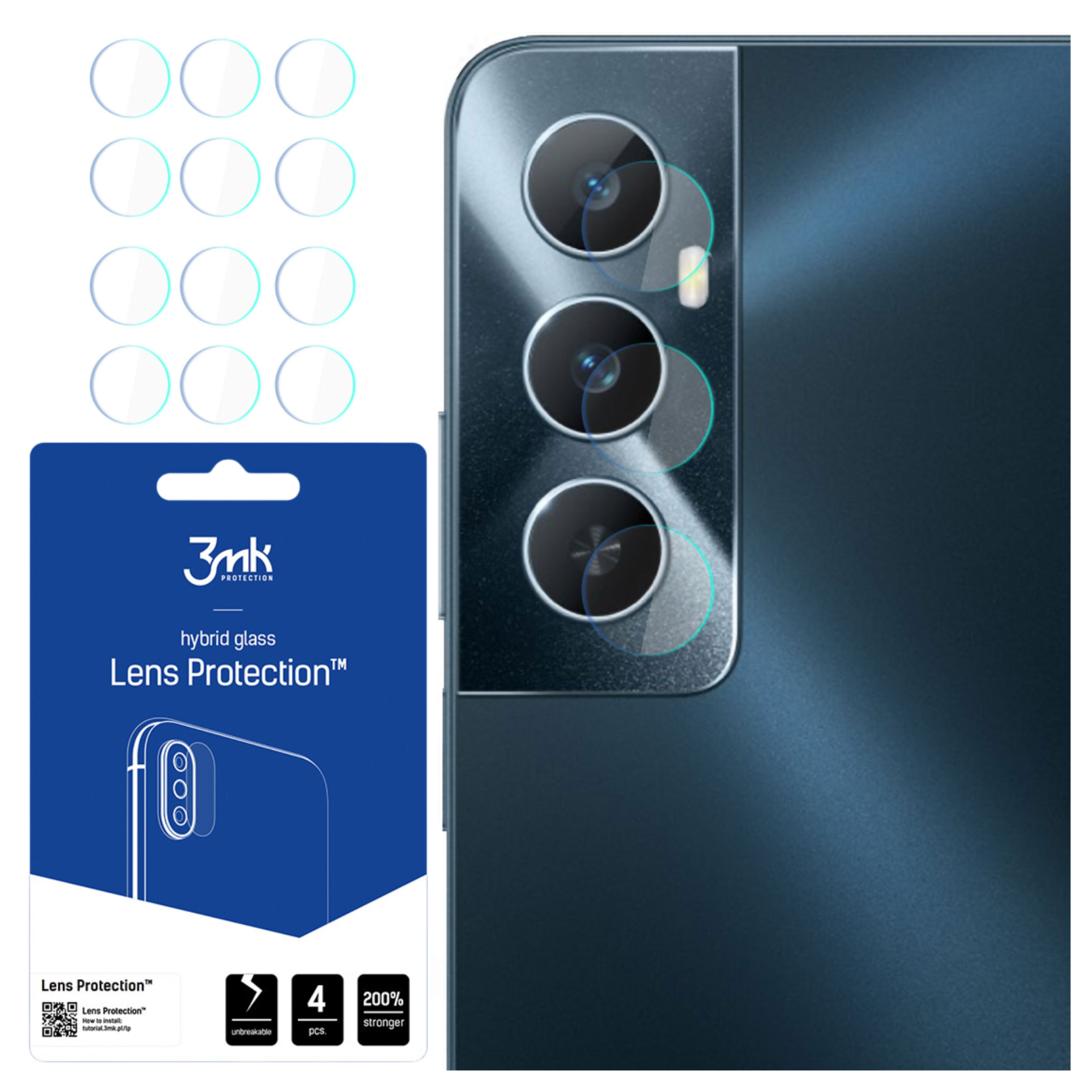 Zdjęcie przedstawia telefon z osłonami obiektywu. Opakowanie z ochroną obiektywu znajduje się po lewej stronie. Widocznych jest kilka osłon.