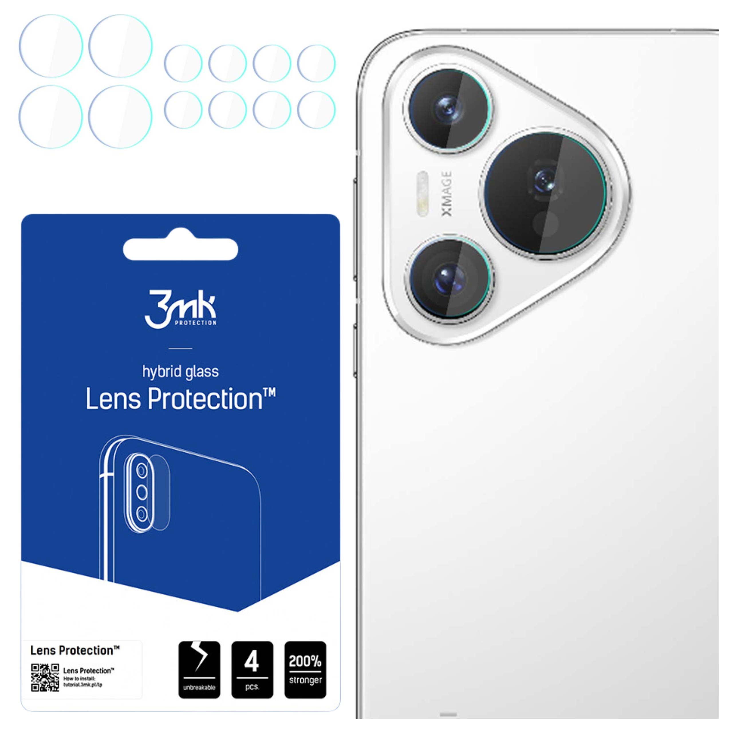 L'immagine mostra un kit di protezione dell'obiettivo della fotocamera del telefono con immagini del telefono e del proteggi obiettivo e specifiche.
