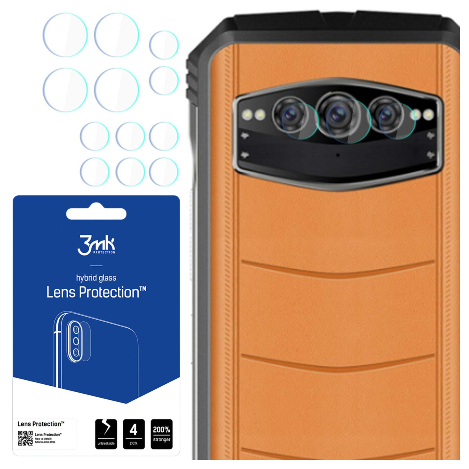 Una custodia per telefono con protezioni per lenti. La custodia è arancione, con area fotocamera nera. Le protezioni sono trasparenti.