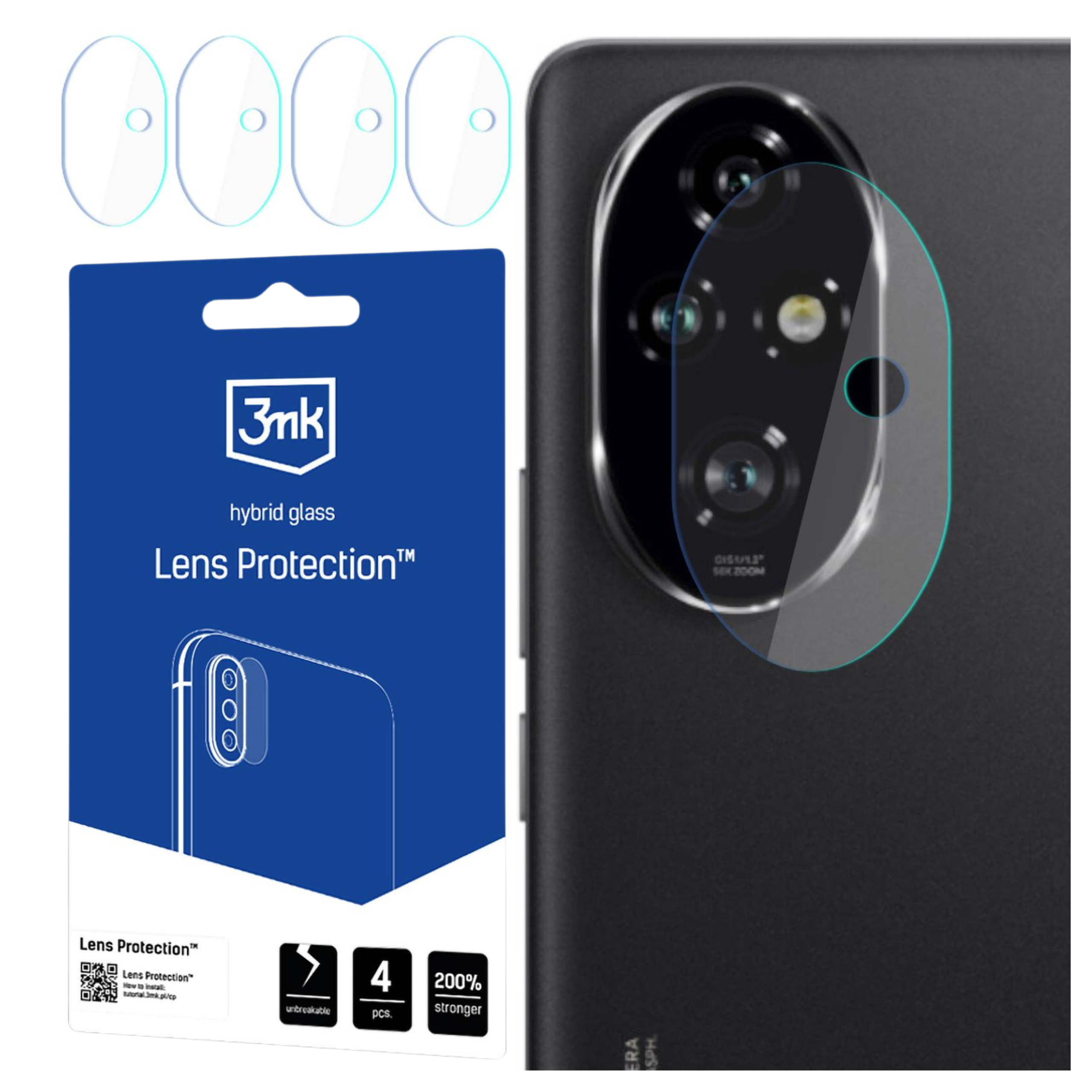 Zestaw ochraniaczy obiektywu do telefonu. Opakowanie pokazuje produkt i telefon z nałożonym ochraniaczem.