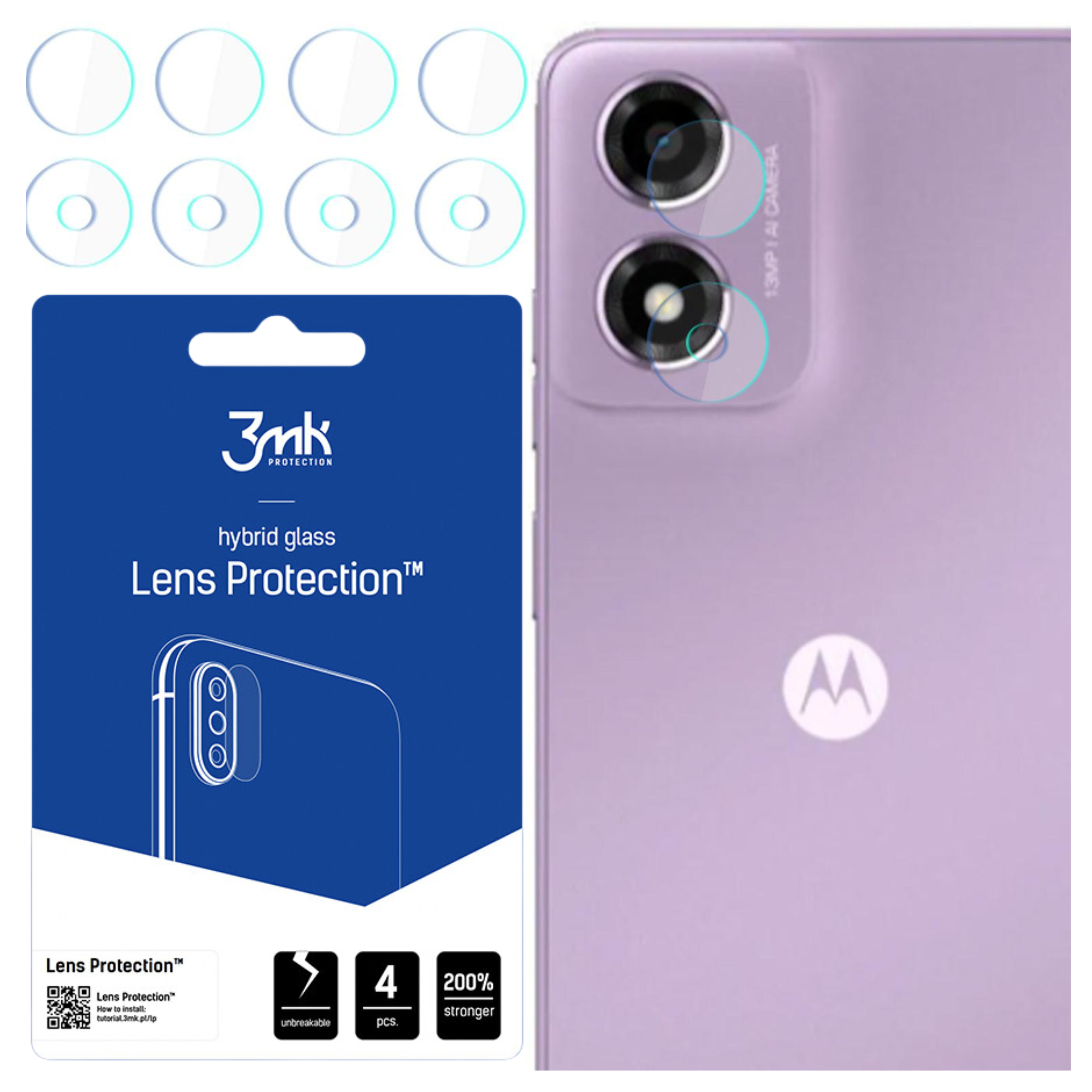 Obraz przedstawia telefon z osłonami obiektywu, niebieski pakiet i logo Motorola. Opakowanie wskazuje na ochronę obiektywu.