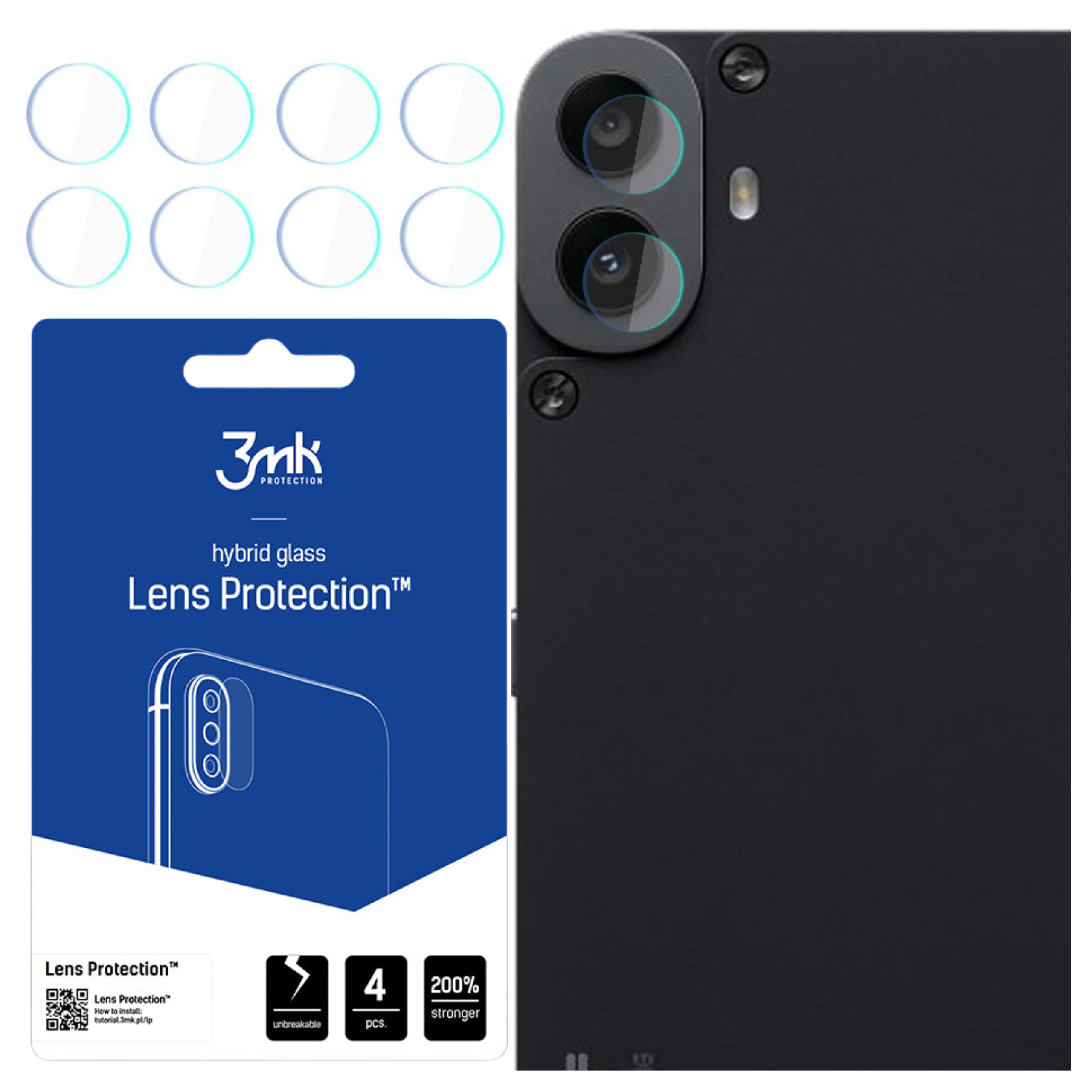 L'immagine mostra un kit di protezione per telefono con protezione lente, un telefono nero e protezioni lente.