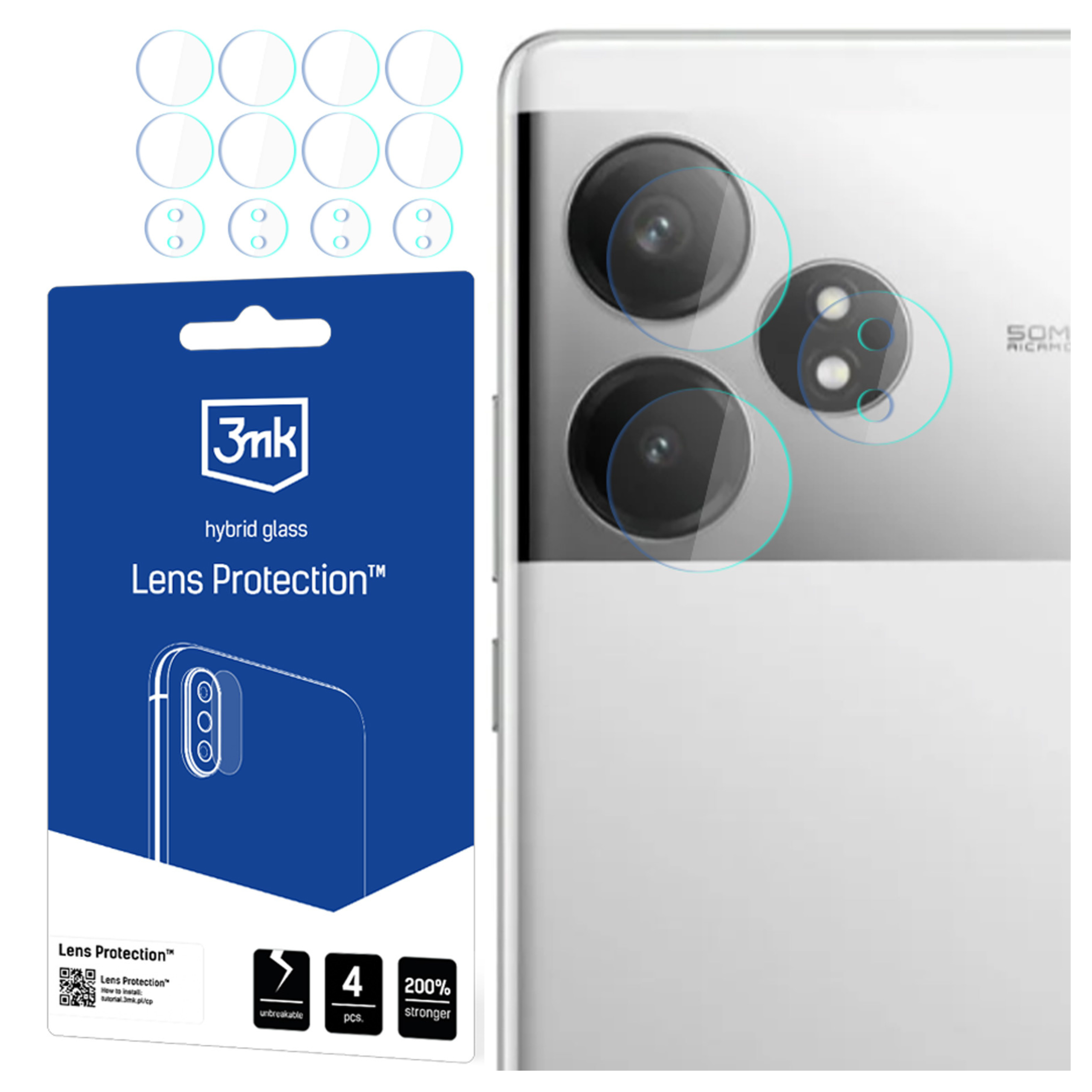 Un kit di protezione per lenti del telefono con più cerchi. A destra un telefono con lenti della fotocamera.