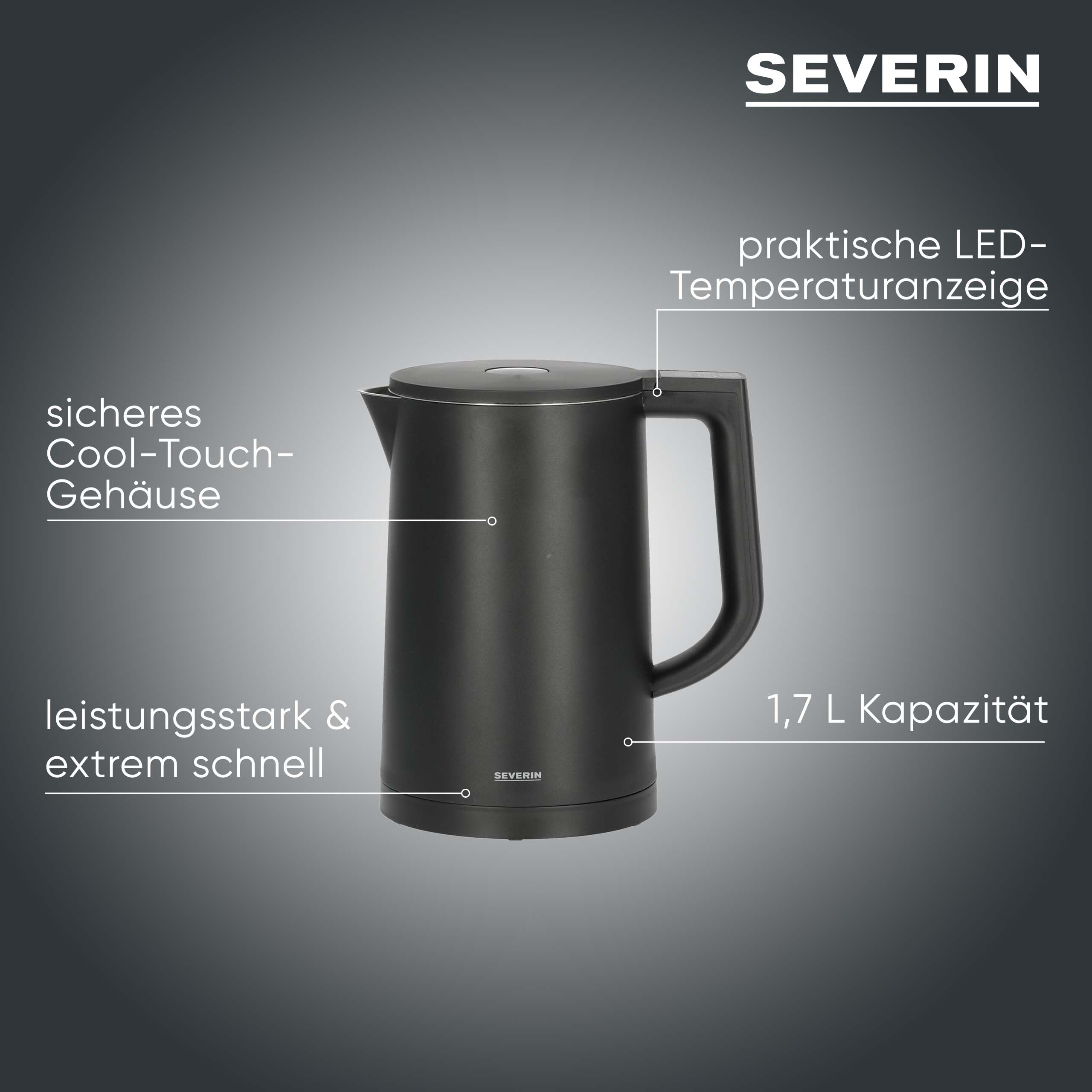 Een zwarte Severin waterkoker met tekstlabels op een grijze achtergrond. Hij heeft een capaciteit van 1,7 L.