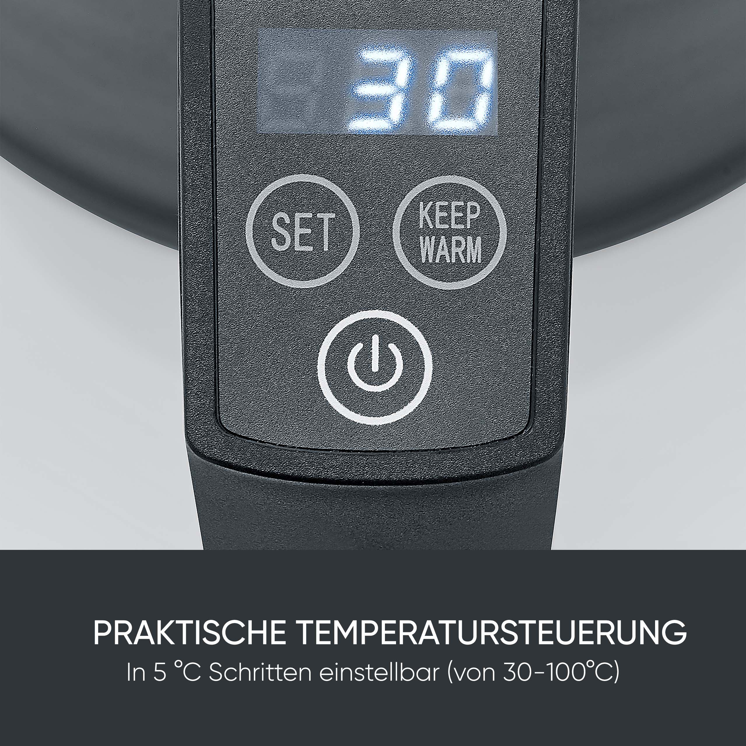 Close-up van een zwart bedieningspaneel met digitaal display '30'. Knoppen: 'SET', 'KEEP WARM' en een aan/uit-symbool.