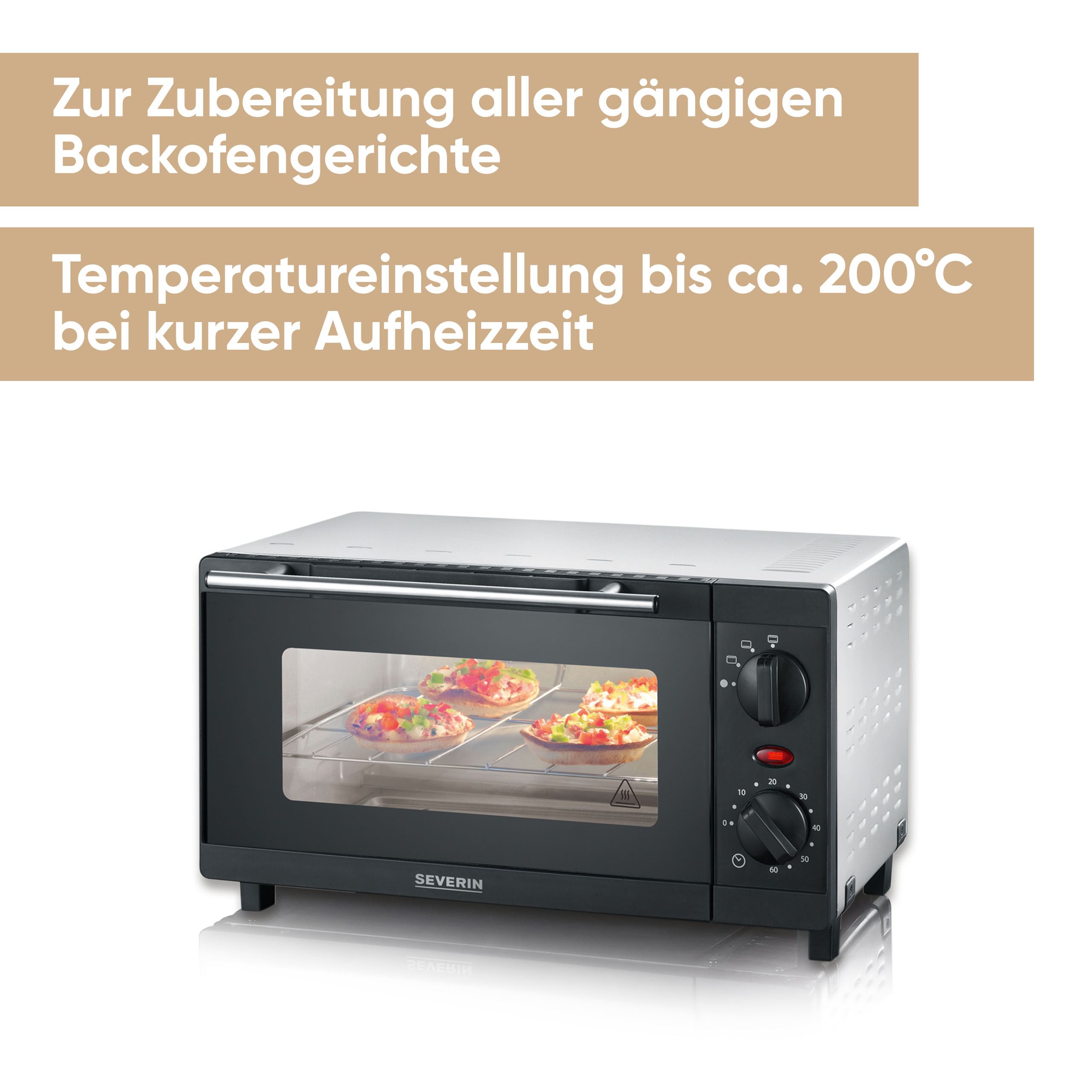 Mały czarny piekarnik z pizzą w środku. Posiada panel sterowania po prawej stronie. Piekarnik stoi na białej powierzchni.