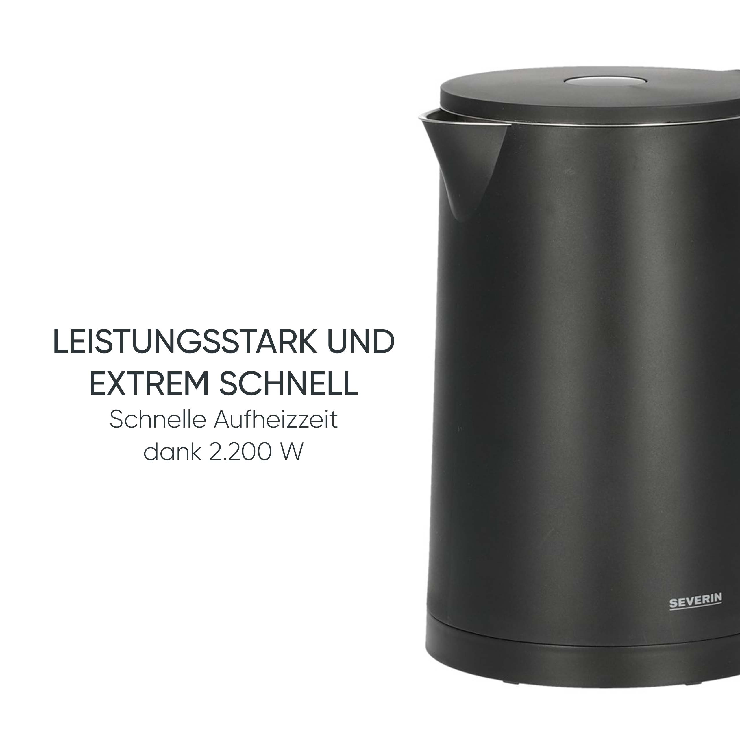 Een zwarte waterkoker met tekst die de kenmerken beschrijft. De merknaam SEVERIN is zichtbaar.