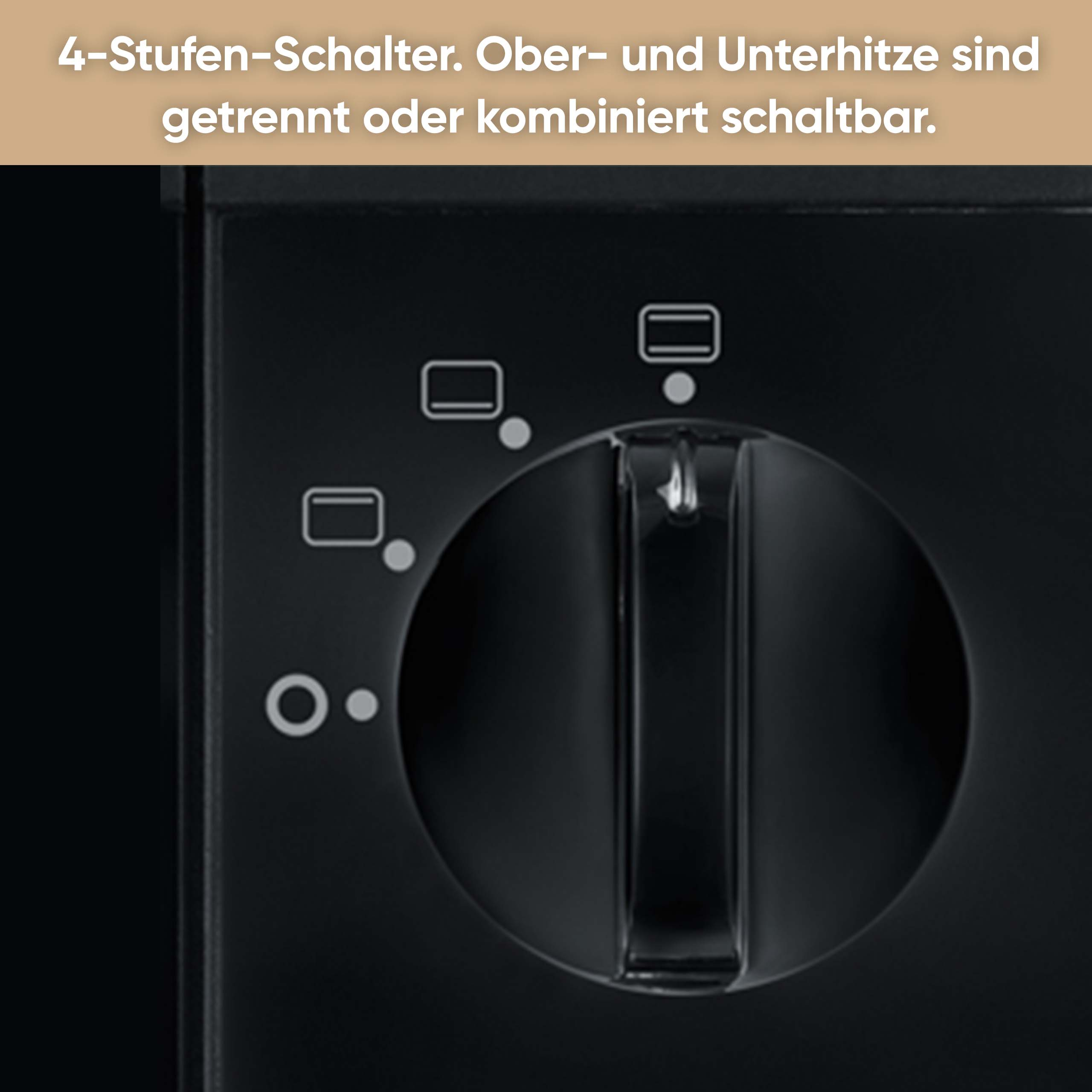 Zbliżenie czarnego panelu sterowania piekarnika. Ma pokrętło i lampki kontrolne, z tekstem w języku niemieckim.
