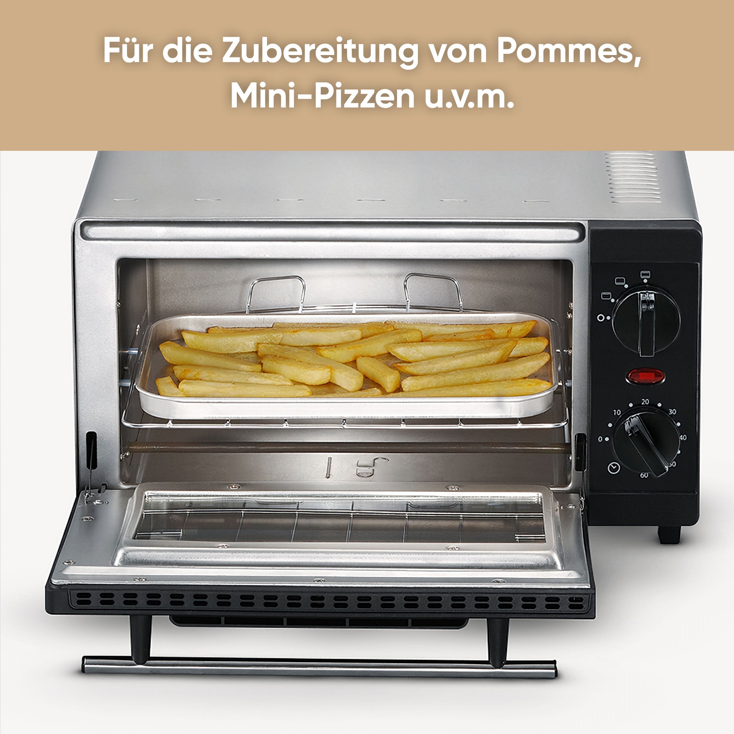 Otwarty piekarnik z frytkami na tacy. Czarny panel sterowania znajduje się po prawej stronie. U góry tekst: Pommes, Mini-Pizzen itp.