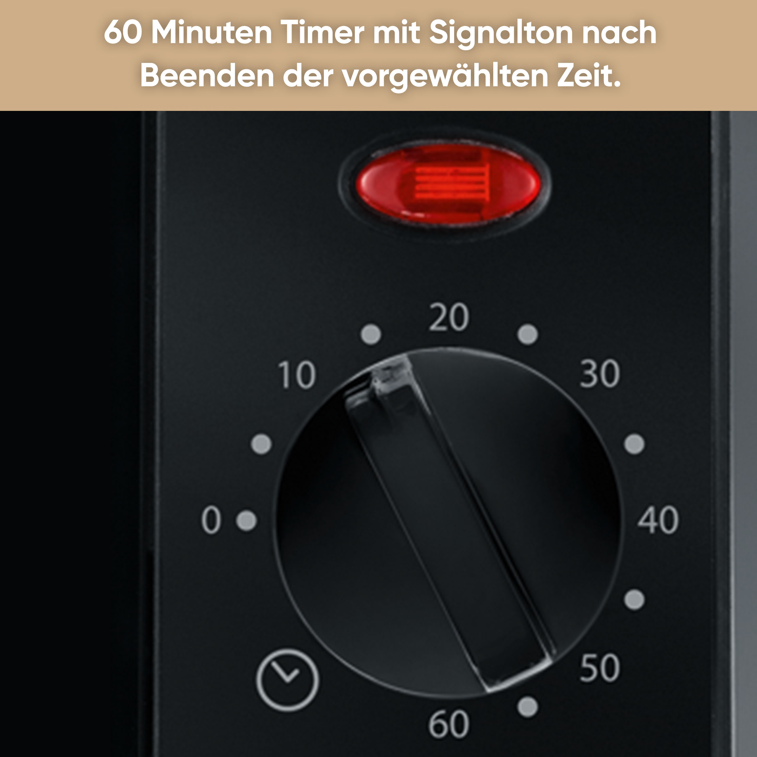 Czarny timer z czerwonym światłem, cyframi i pokrętłem. Posiada 60-minutowy timer.
