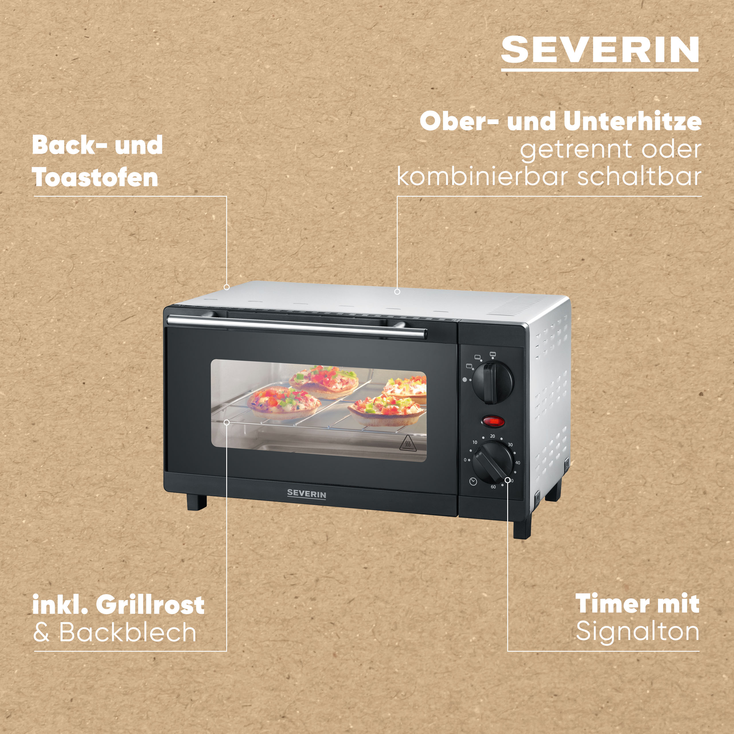 Piekarnik Severin z pizzą w środku. Posiada timer, grill i oddzielne ustawienia grzania.