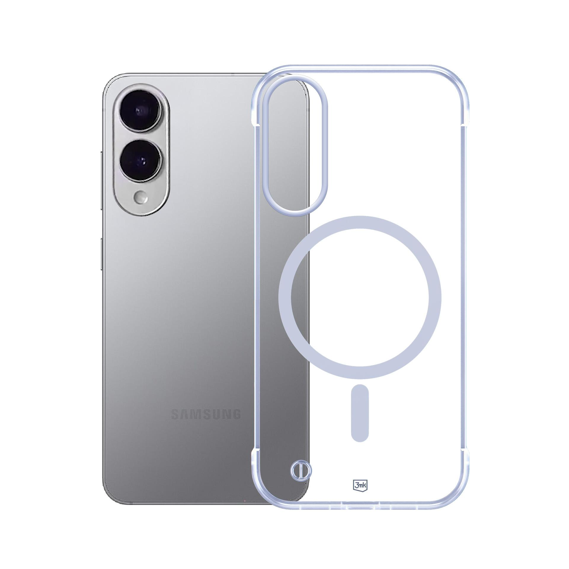 Szary telefon Samsung z przezroczystym etui. Etui ma magnetyczne koło.