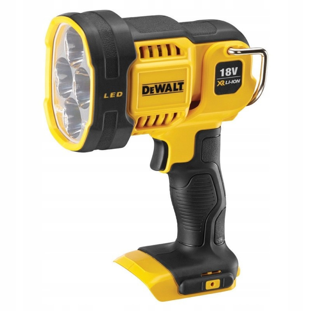 Żółto-czarny reflektor LED DeWalt. Posiada uchwyt, spust i logo DeWalt. Ma 18 V i Li-Ion.