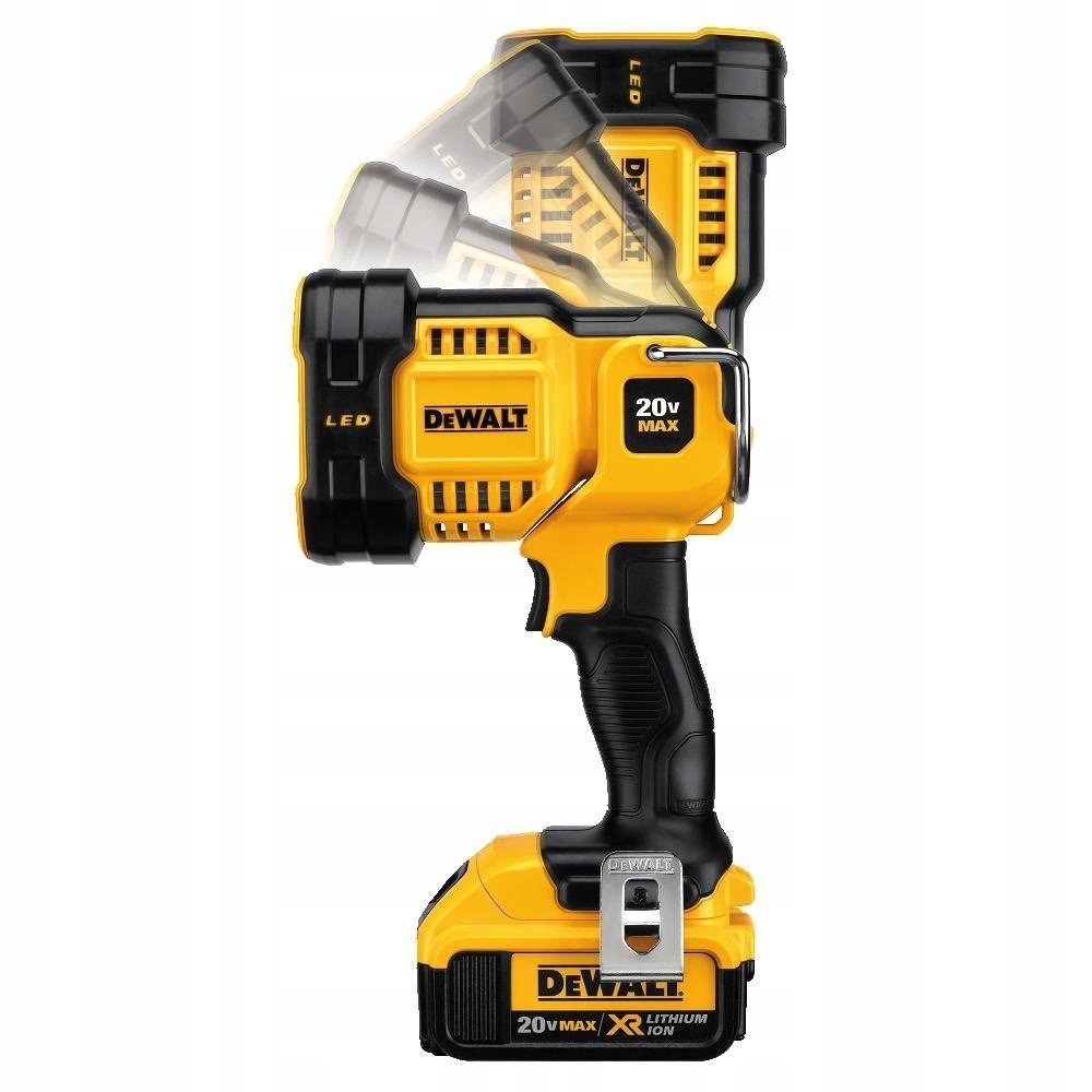 Żółto-czarna lampa robocza LED DeWalt. Posiada uchwyt, akumulator i regulowaną głowicę.