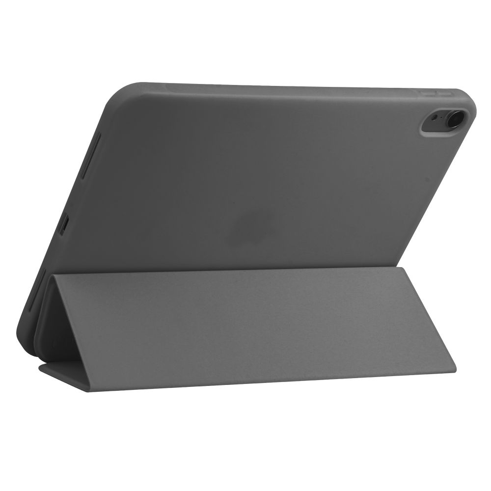 Un tablet grigio con una custodia abbinata è mostrato. Il tablet è leggermente inclinato, con la custodia piegata.