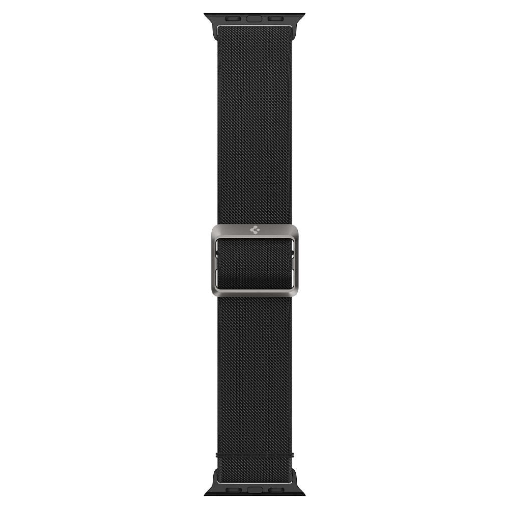 A black Apple Watch band with a textured surface and a metallic clasp.