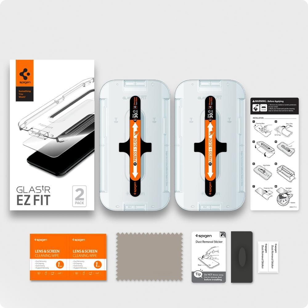 Zestaw ochraniacza ekranu Spigen Glas.tR EZ Fit. Zawiera ochraniacze, chusteczki czyszczące, naklejki przeciwpyłowe i instrukcje.