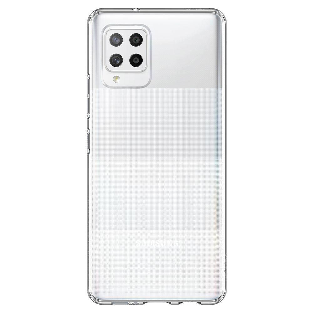 Una custodia trasparente per telefono, con un modulo fotocamera a quattro lenti. Il logo Samsung è visibile in basso.