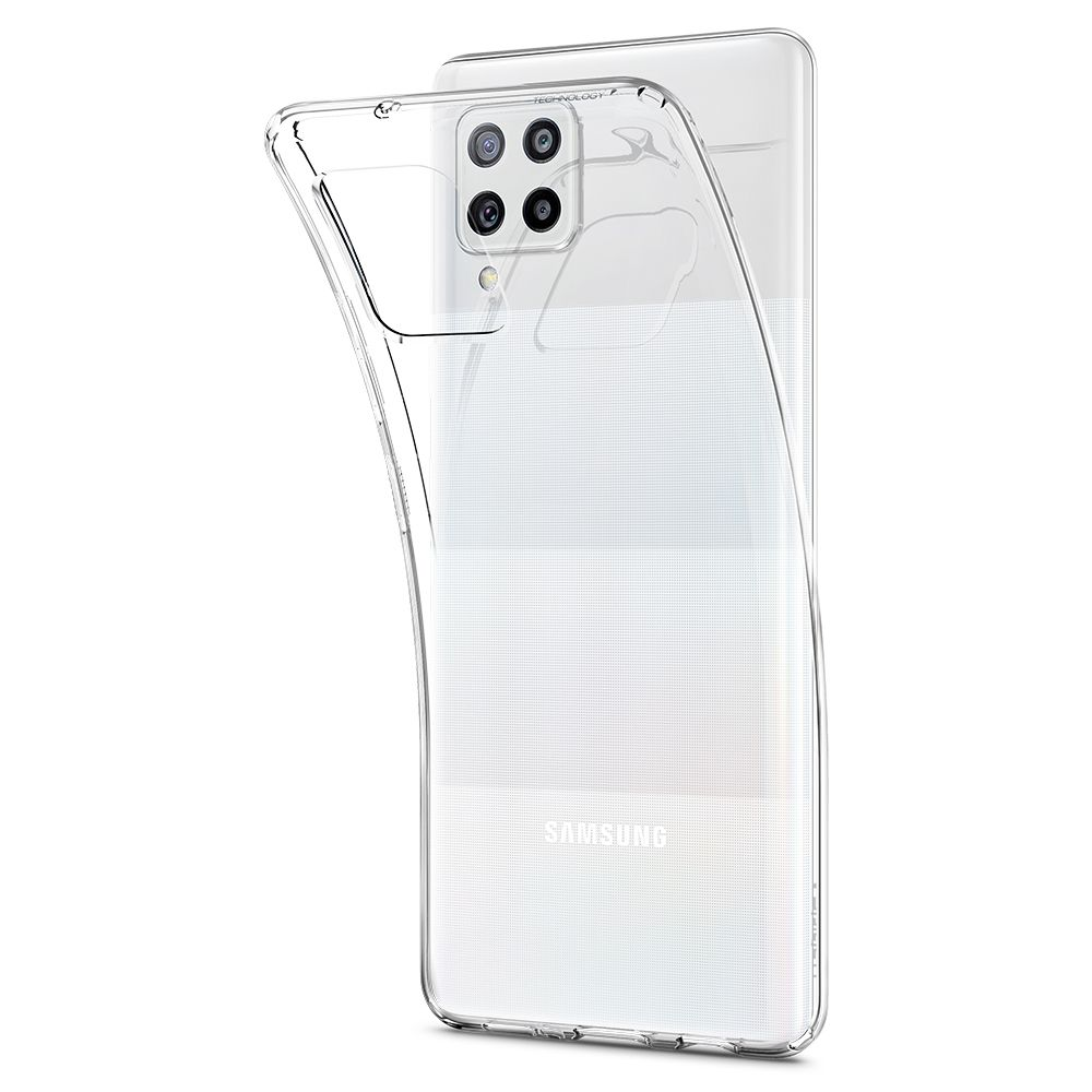 Una custodia trasparente per telefono è leggermente staccata, rivelando un telefono Samsung bianco. Il telefono ha fotocamere e il logo Samsung è visibile.