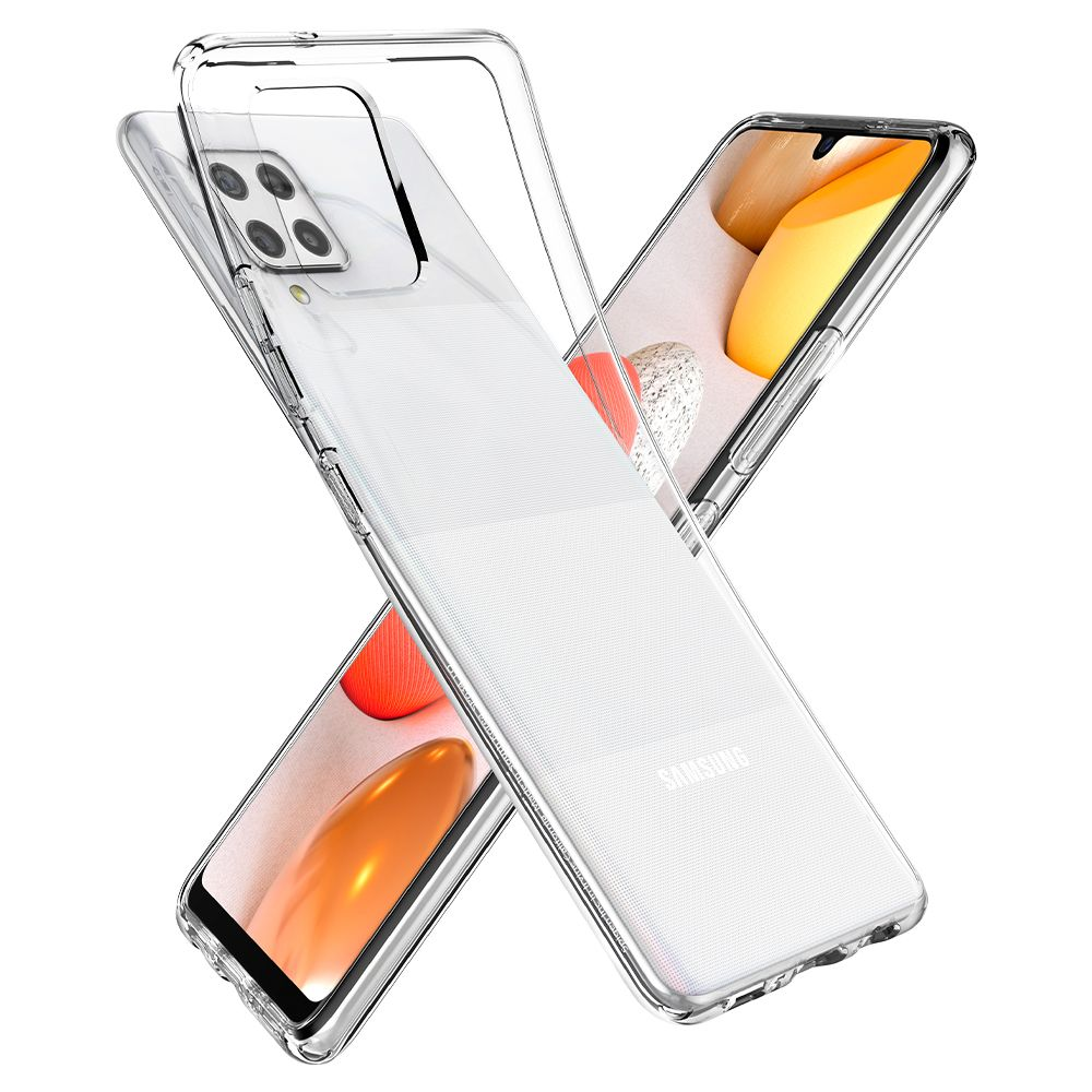 Due custodie trasparenti per telefono, una sopra l'altra ad angolo, che mostrano l'interno dei telefoni e il logo Samsung.