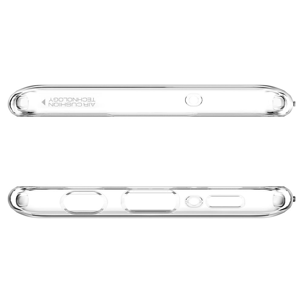 Custodia trasparente per telefono. In alto: foro e testo 'AIR CUSHION TECHNOLOGY'. In basso: fori e fessure.