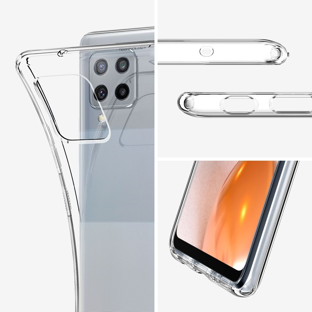 Custodia trasparente per telefono. Primi piani mostrano bordi, pulsanti e fotocamera. Il telefono è visibile.