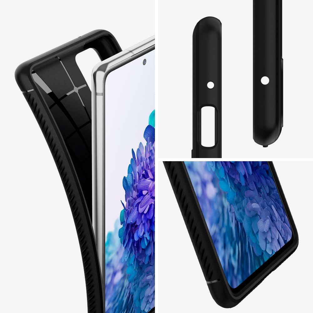 Er worden een telefoonhoesje en een telefoon getoond. Het telefoonscherm heeft een blauw bloemmotief. Zwarte hoesonderdelen worden apart weergegeven.