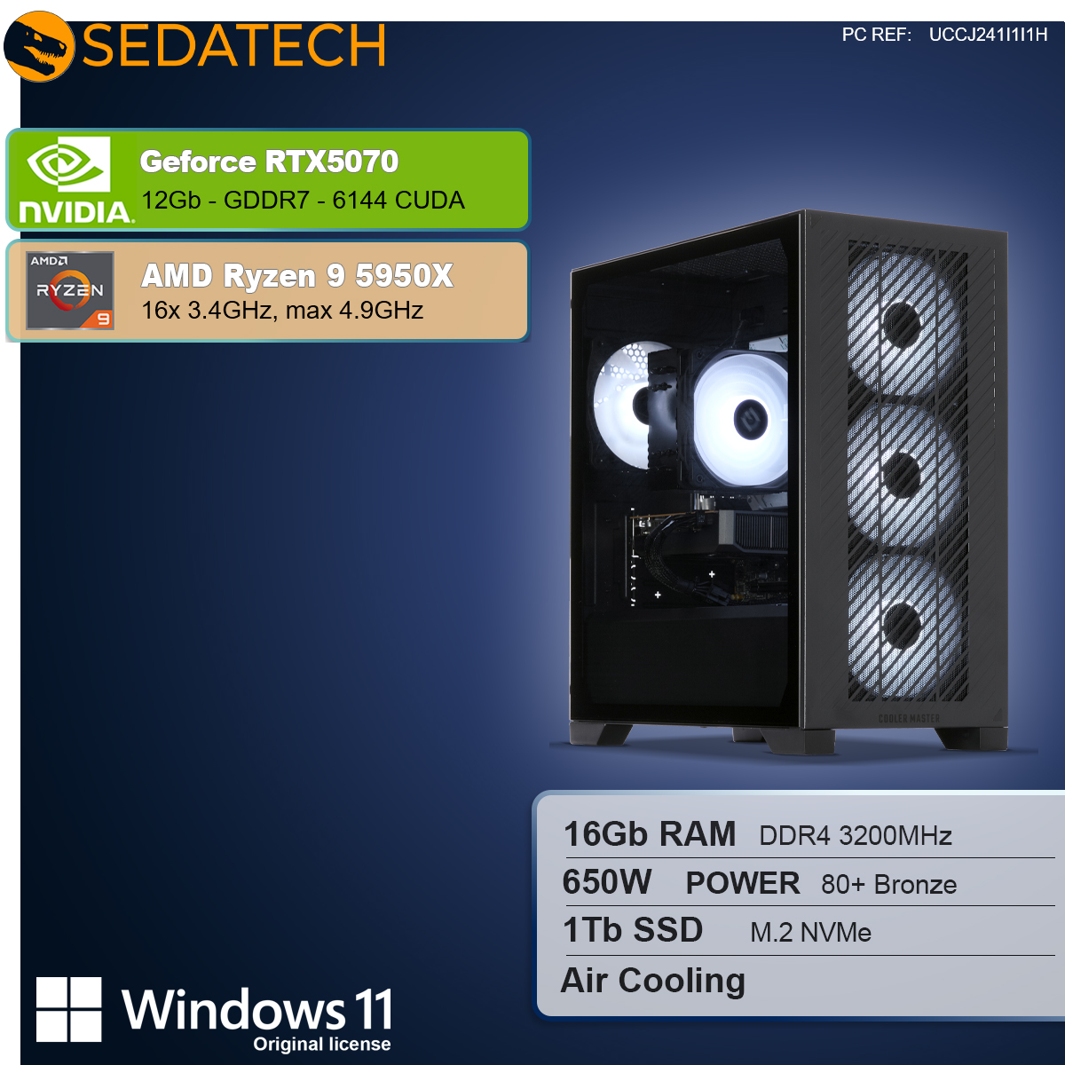 Obudowa komputera z białymi wentylatorami. Specyfikacje: GeForce RTX5070, AMD Ryzen 9 5950X, 16GB RAM, 1TB SSD i Windows 11.