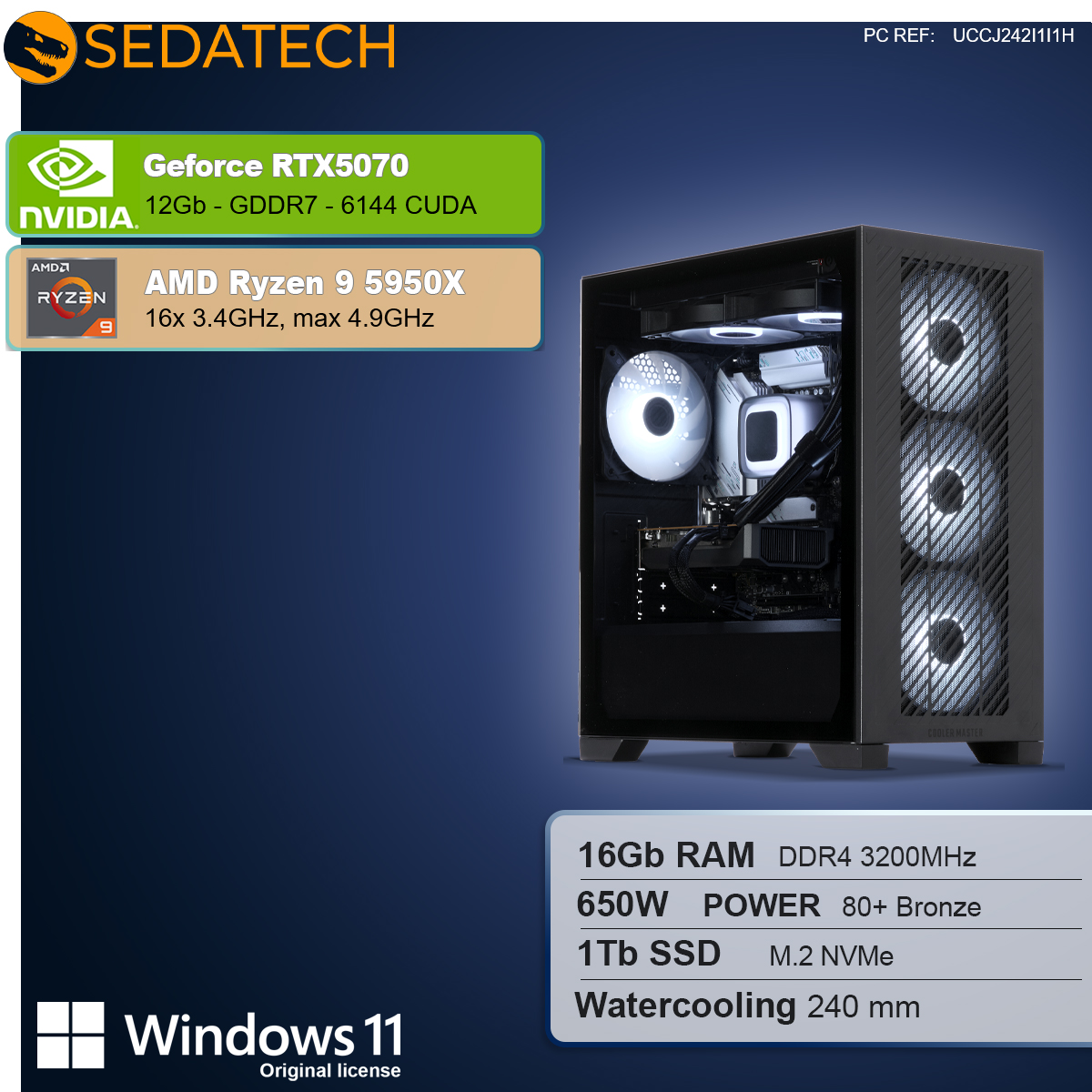 Wyświetlany jest obudowa komputera z wewnętrznymi komponentami. Specyfikacje obejmują GeForce RTX5070, AMD Ryzen 9 5950X, 16 GB RAM i 1 TB SSD.