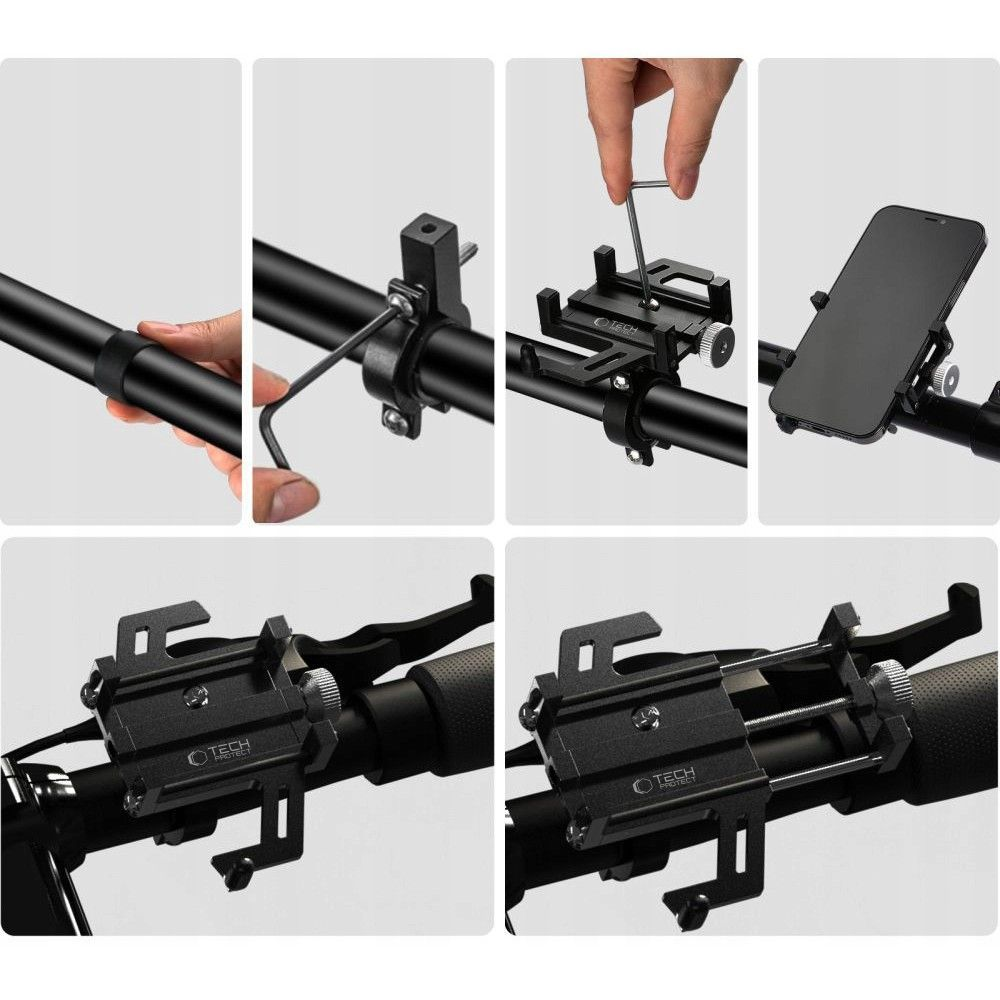Telefoonhouder voor fiets in verschillende montagestappen. Handen gebruiken gereedschap om de houder op een stuur te bevestigen.