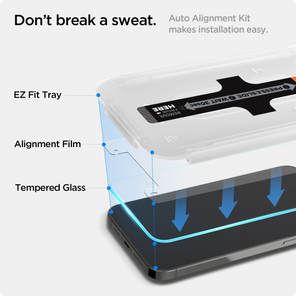 Obraz przedstawia zestaw folii ochronnej na ekran: EZ Fit Tray, Alignment Film i Tempered Glass. Strzałki wskazują instalację. Tekst: Nie martw się.