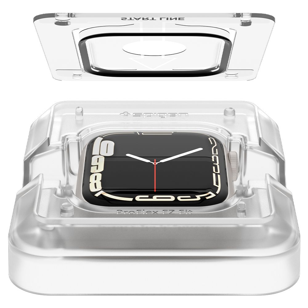 Un Apple Watch in una custodia di plastica trasparente. Il quadrante è nero con numeri bianchi. La custodia è divisa in due parti.