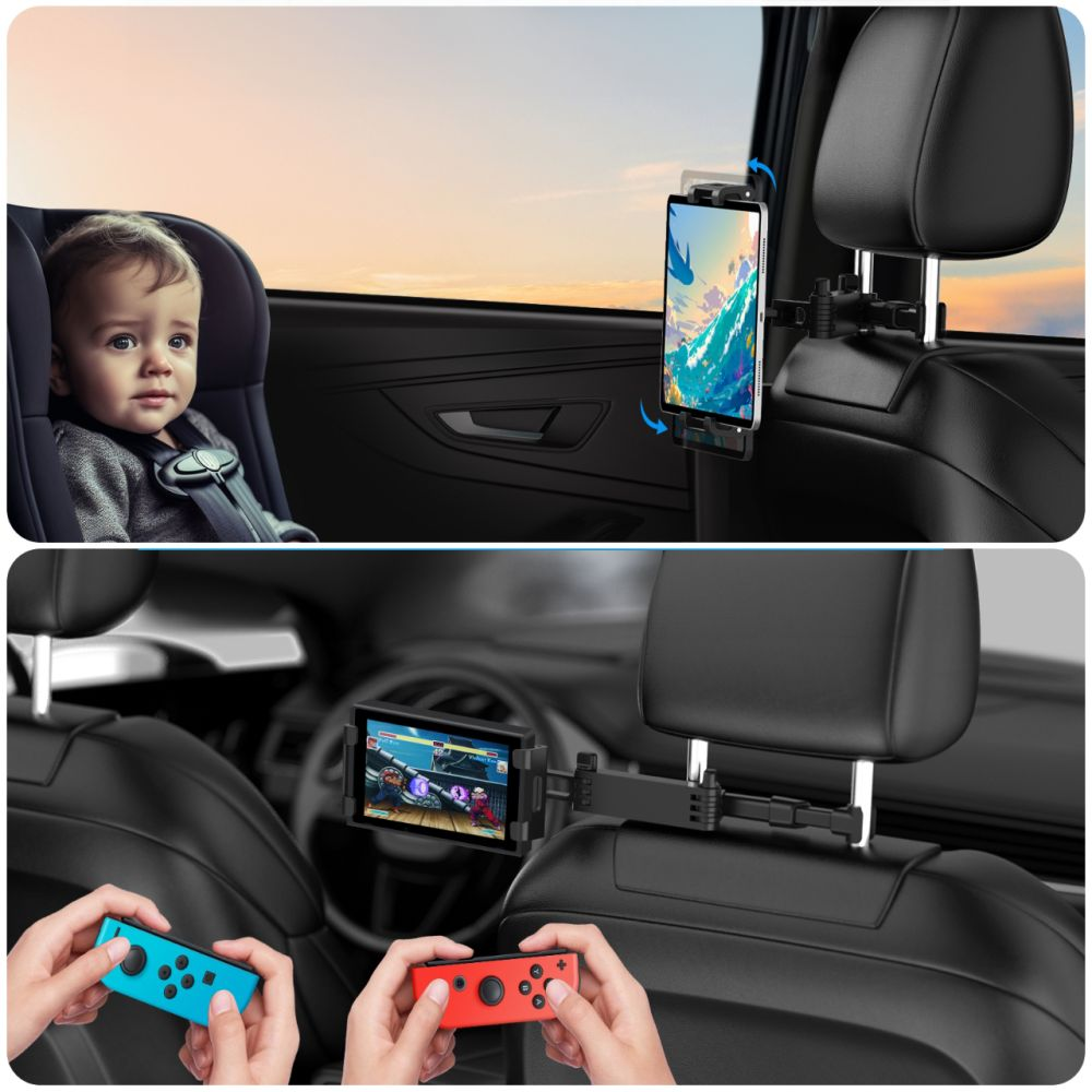 Ein Baby im Autositz, ein am Kopfstützen befestigter Bildschirm mit einem Spiel und Hände, die Controller halten.