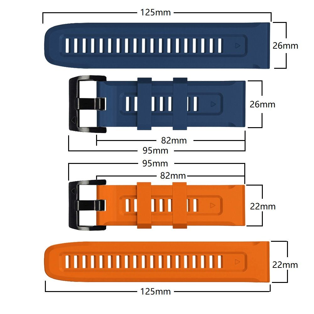 Drei Uhrenarmbänder: blau, blau mit Schnalle und orange mit Schnalle und orange. Maße sind ebenfalls angegeben.