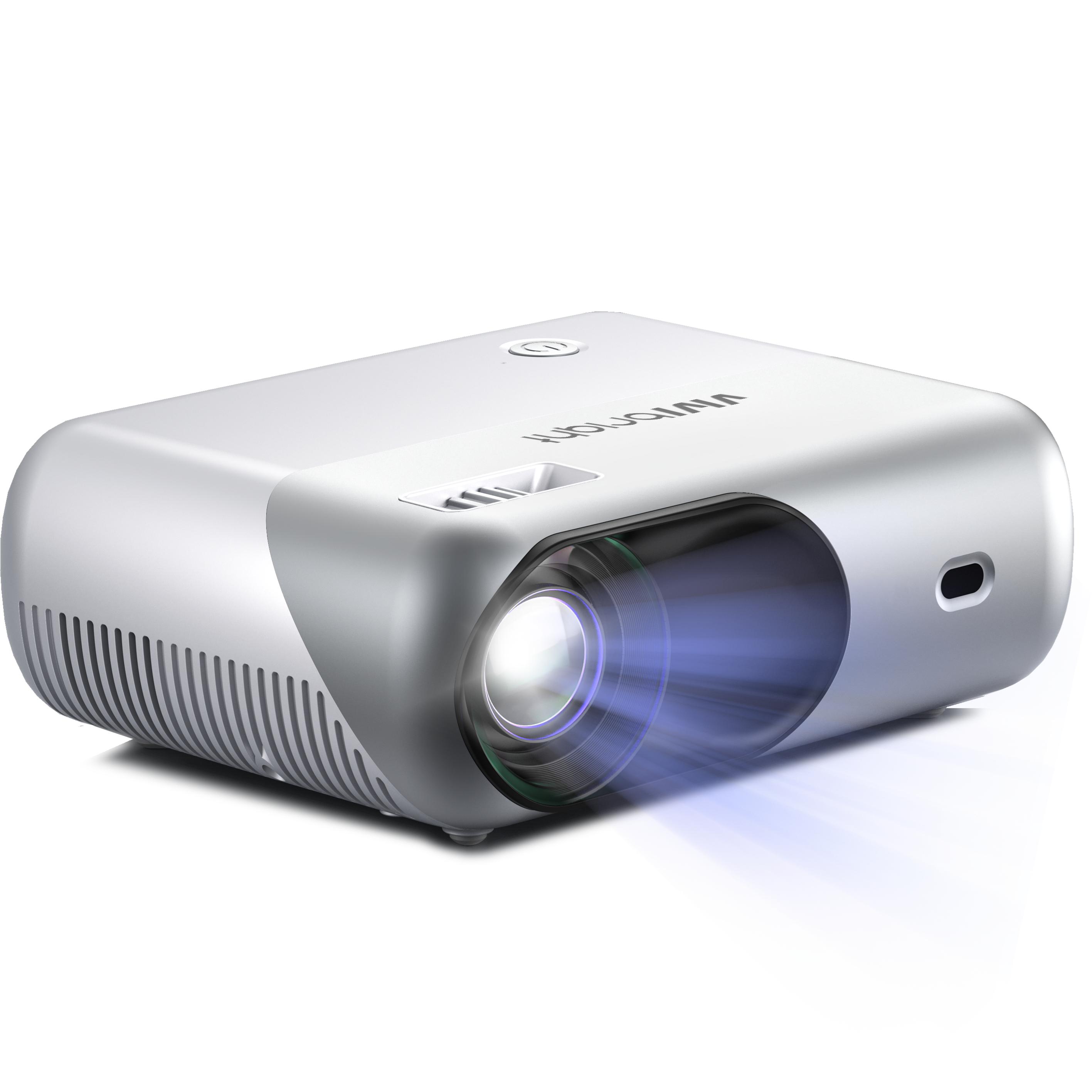 Un proyector blanco con haz de luz azul sobre fondo negro. La marca es visible.