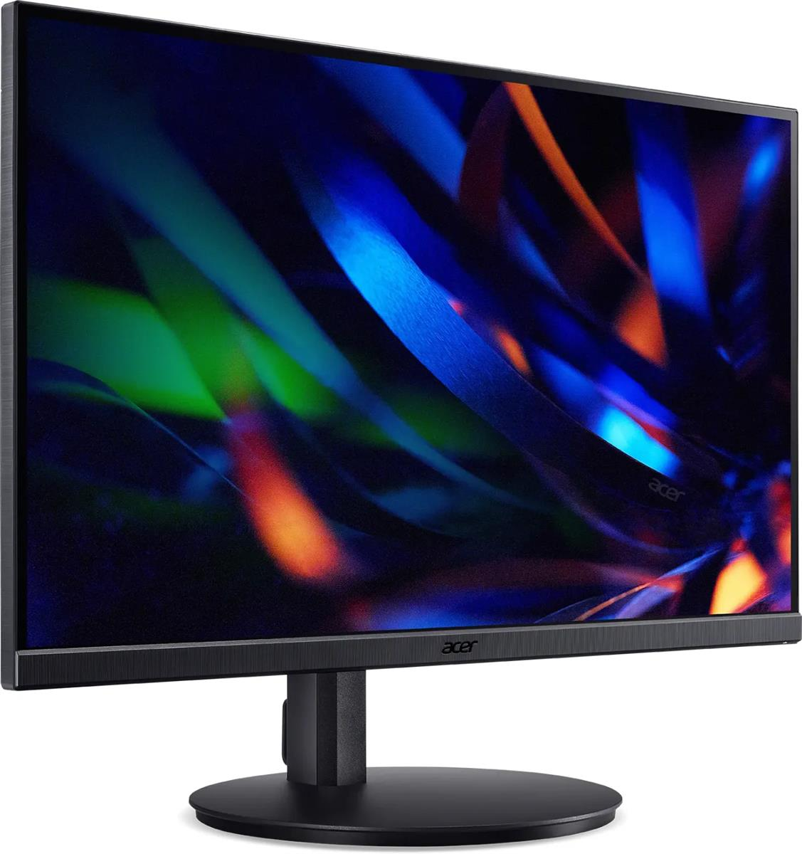 Monitor Acer con schermo scuro che mostra forme astratte blu, verdi e arancioni. Il supporto è nero.