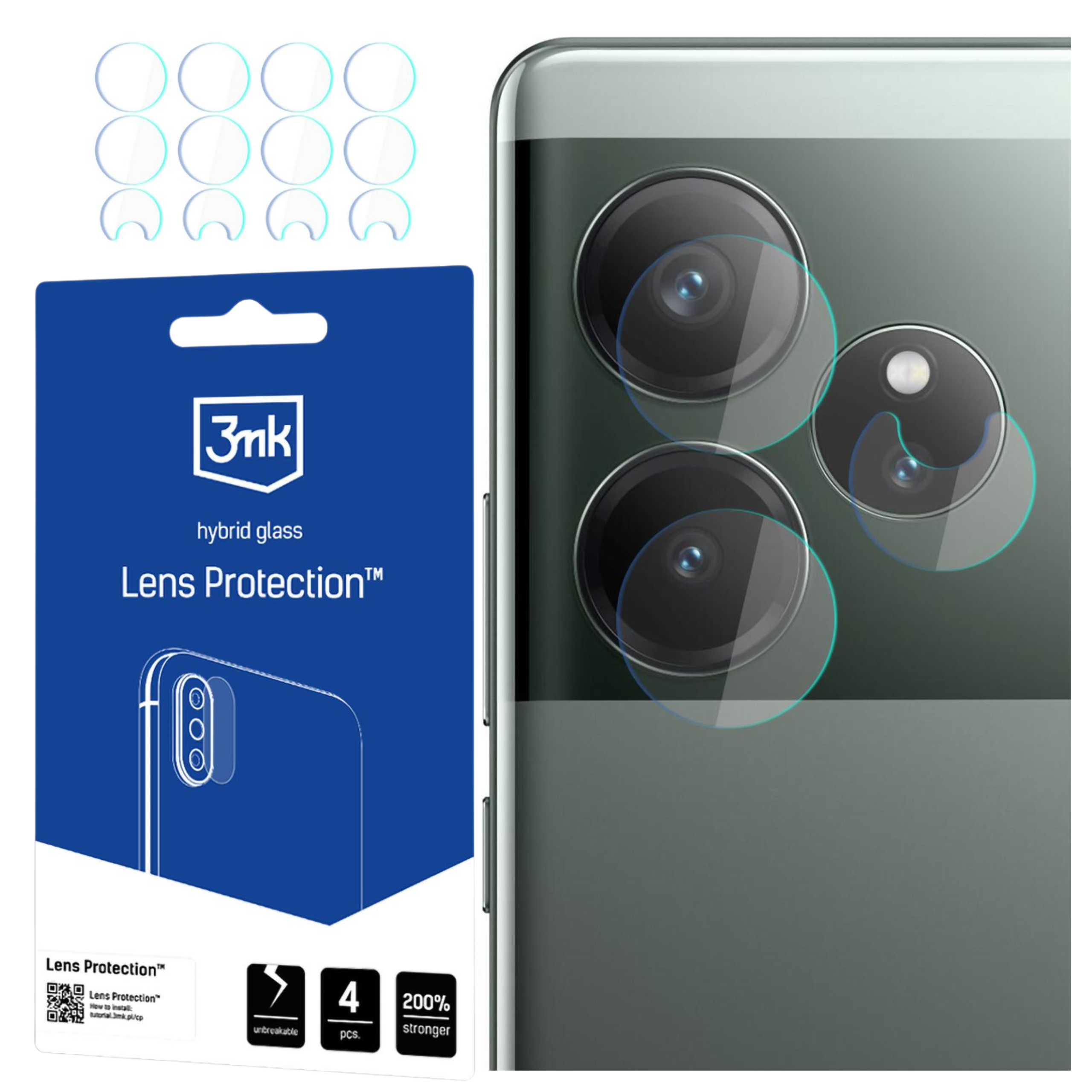 Se muestran un teléfono y protectores de lentes. El paquete tiene texto y el teléfono tiene lentes de cámara con protectores.