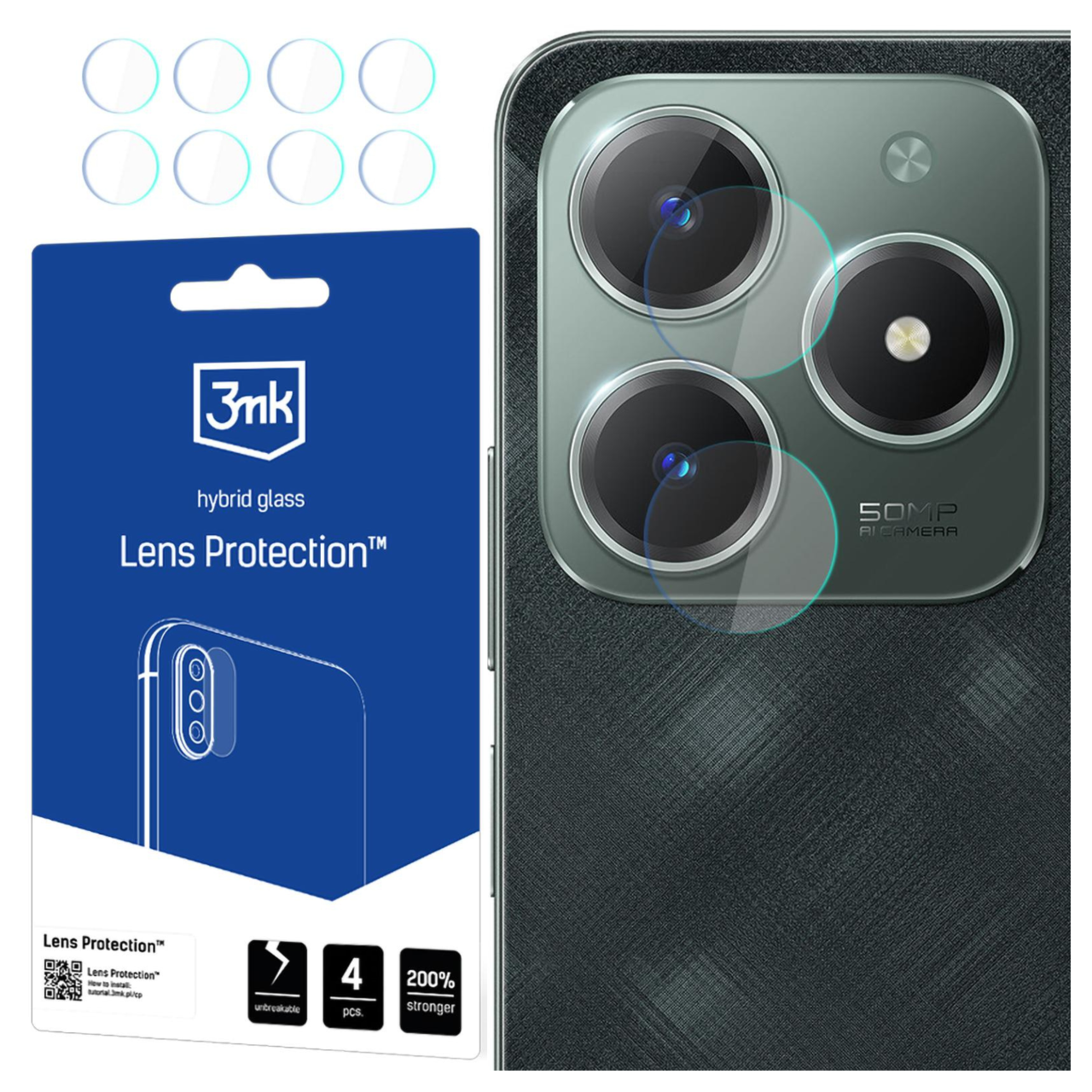 L'immagine mostra un telefono con protezioni per lenti e una confezione. Sulla confezione c'è scritto 'Lens Protection' e '3mk'.