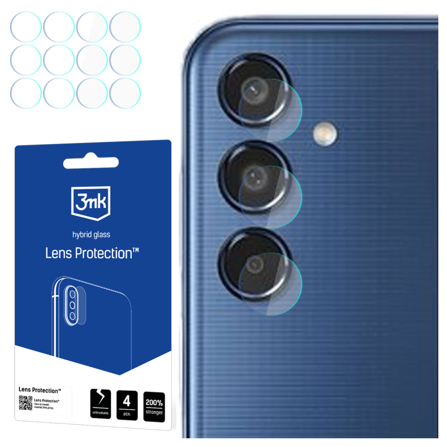 Un retro del telefono con obiettivi della fotocamera ha protezioni per lenti applicate. È visibile anche una confezione per la protezione delle lenti.