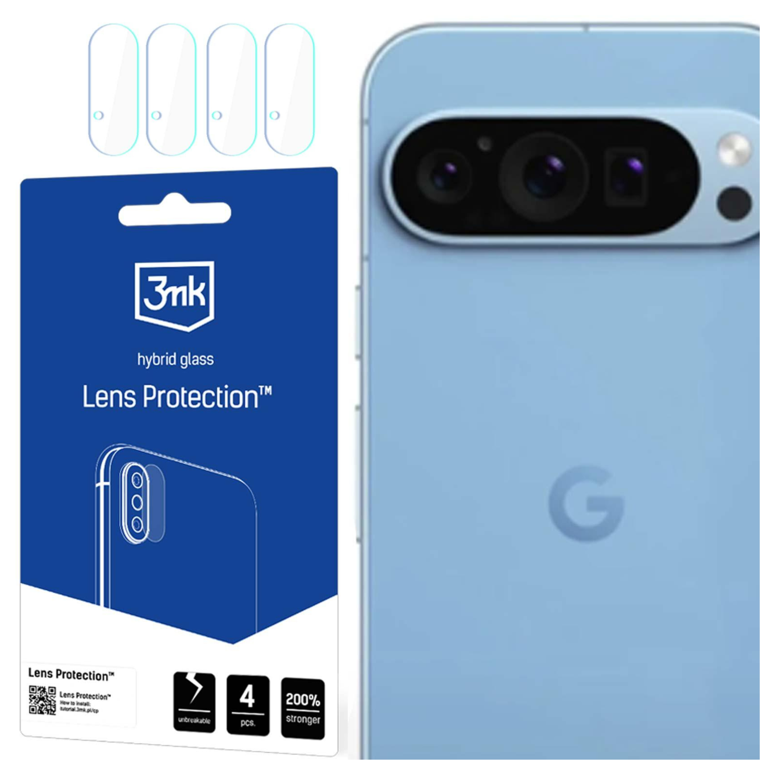 L'immagine mostra protezioni per lenti del telefono e un telefono blu con il logo Google. La confezione protettiva a sinistra.