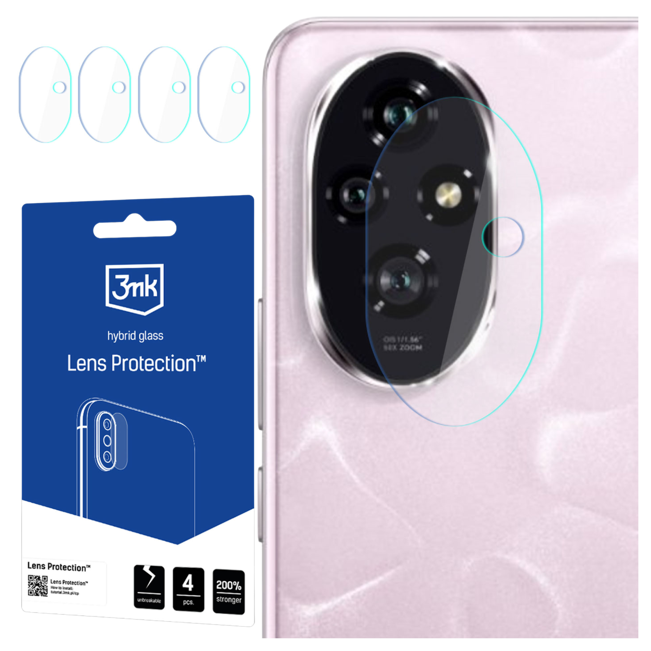 L'immagine mostra un telefono con protezioni per lenti, una scatola blu con informazioni sul prodotto e protezioni per lenti.