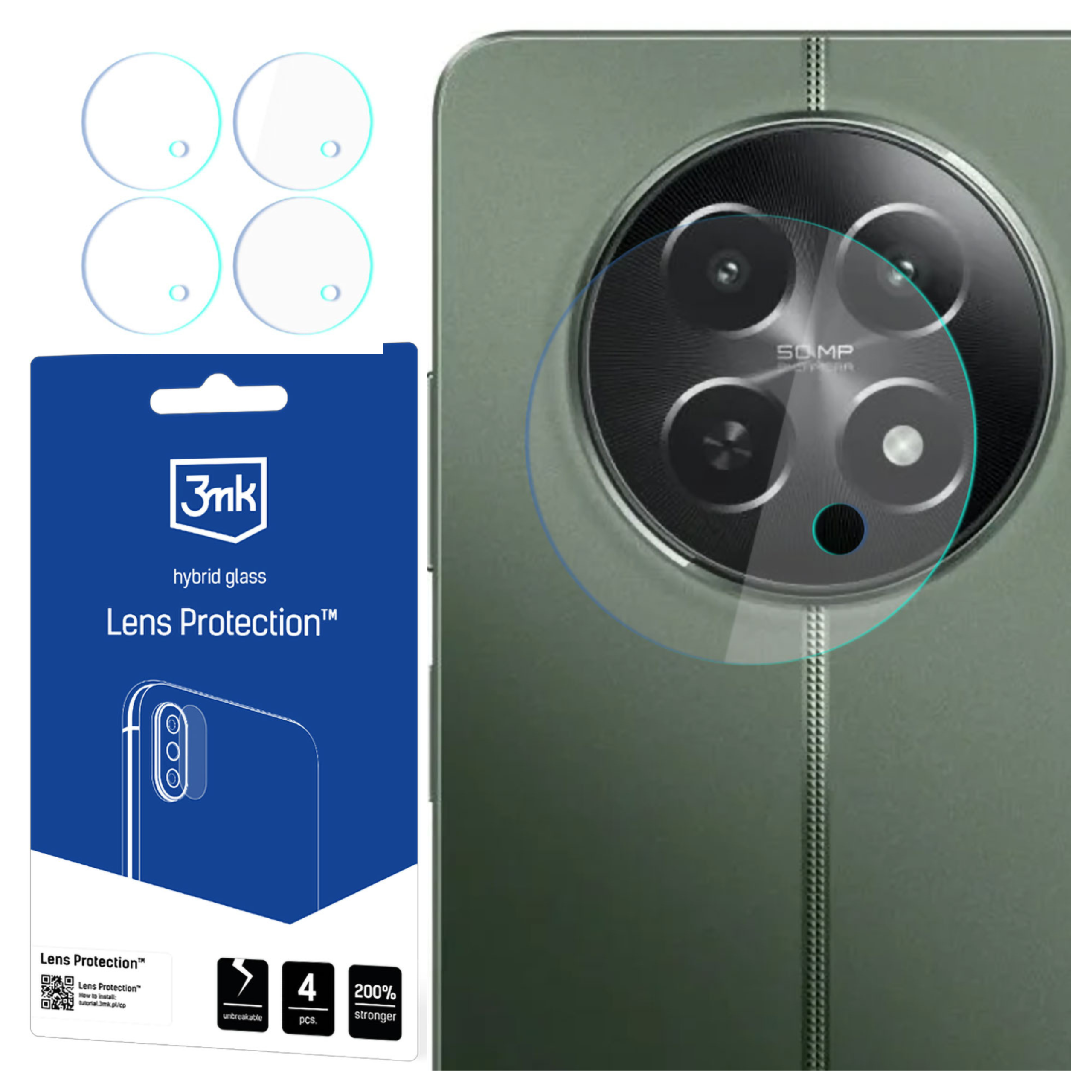 La imagen muestra un kit protector de teléfono. Tiene protectores de lente transparentes, un teléfono y un paquete azul con texto.