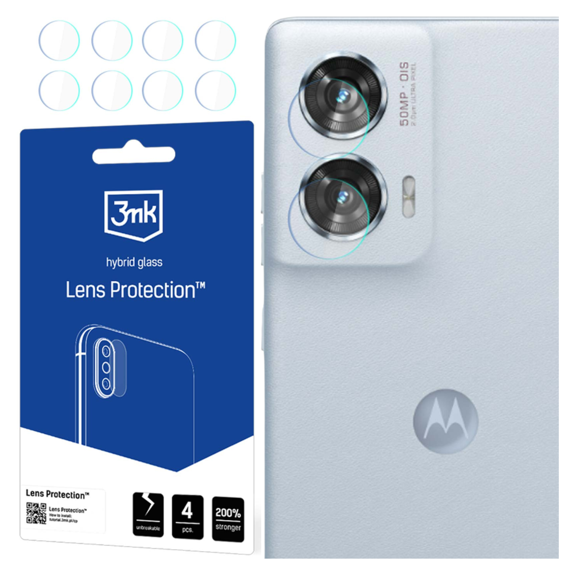Un telefono e protezioni per lenti. La fotocamera di un telefono, protezioni e una confezione blu con testo sono visibili.
