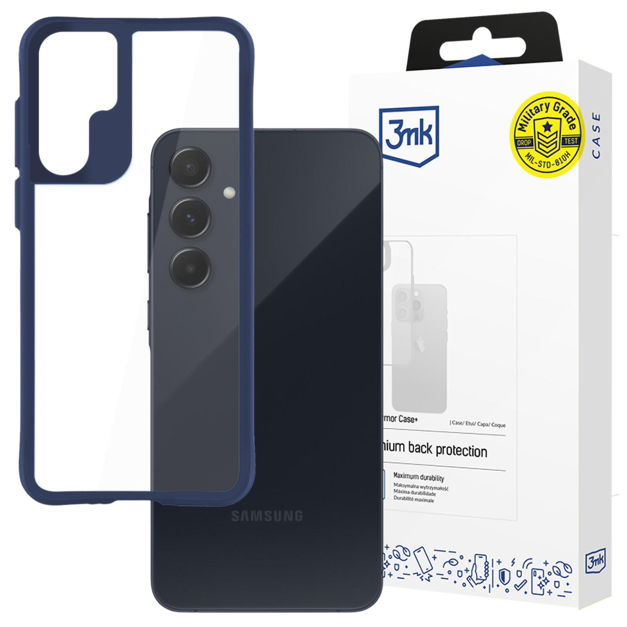 Sono esposti una custodia e un telefono. La custodia è blu, il telefono blu scuro. C'è una scatola bianca a destra.