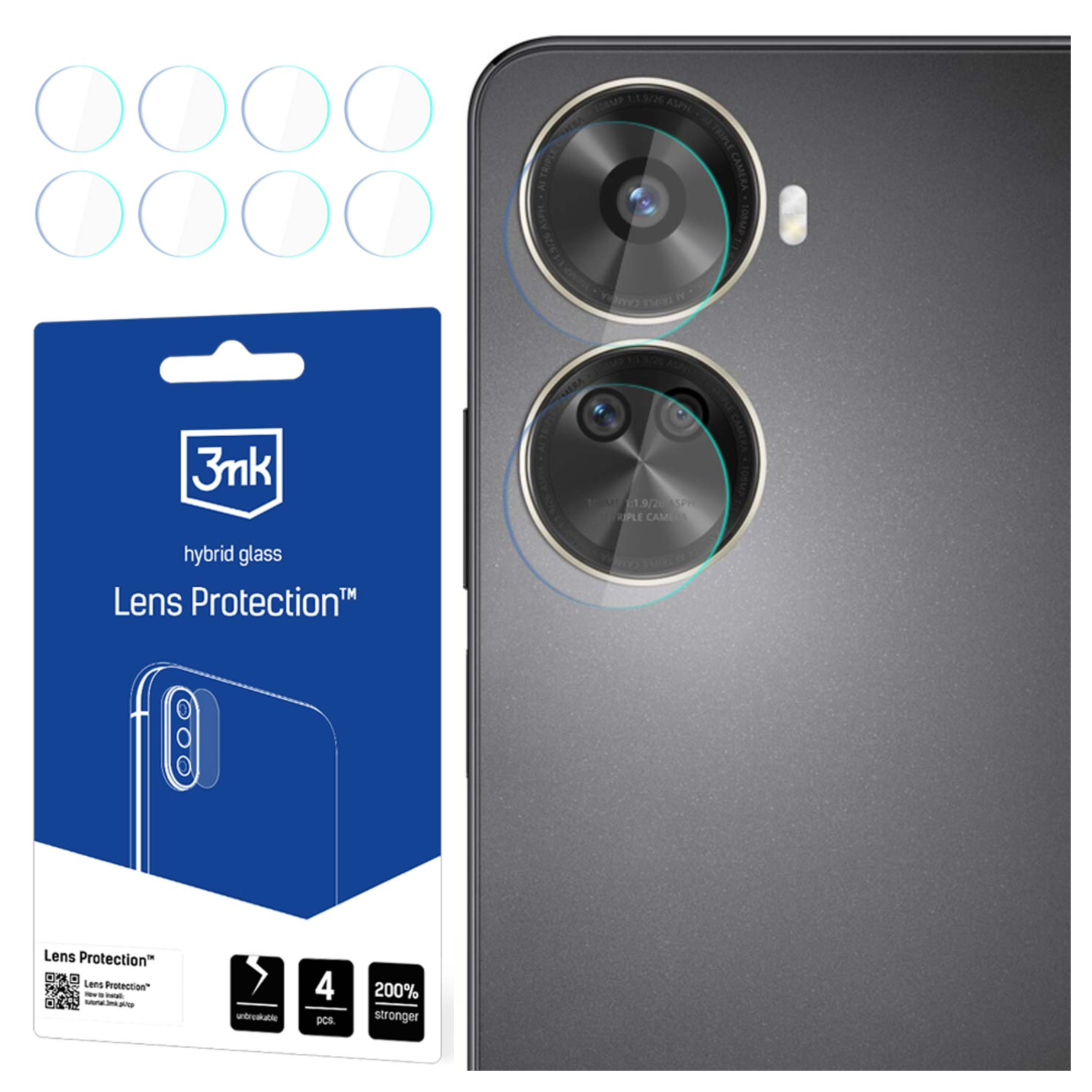 Un telefono con protezioni per lenti della fotocamera, un pacchetto di protezione delle lenti e pellicole protettive.